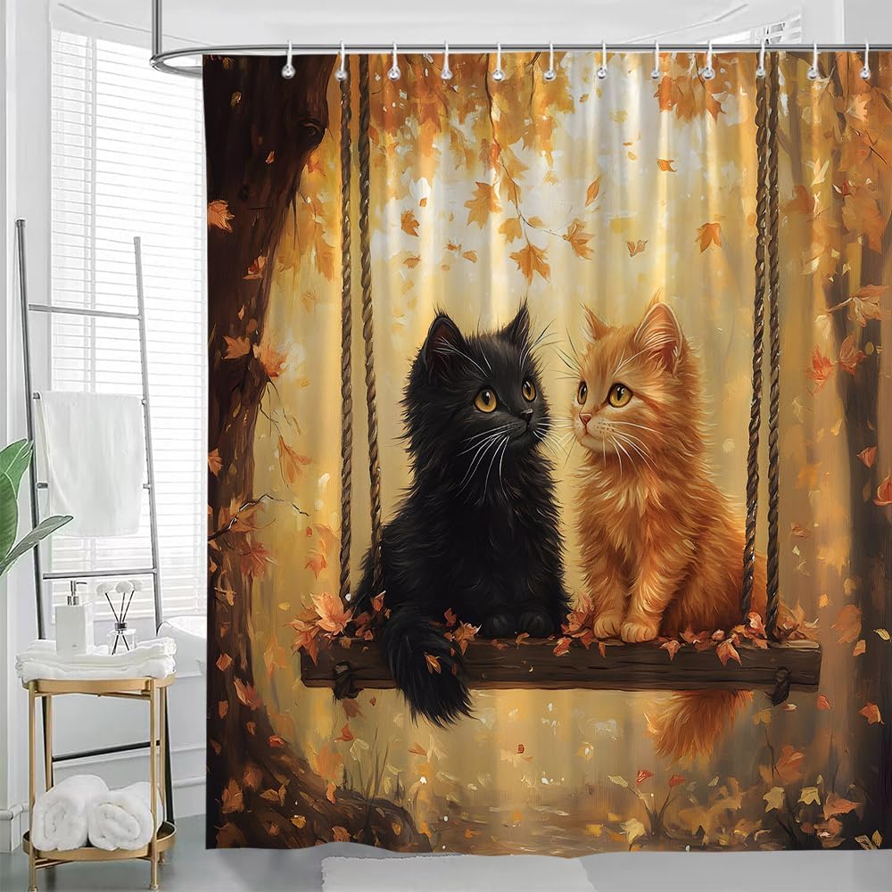 Tenda Doccia Gatto Autunnale Gattino Carino Giallo Arancio Foglie d'Acero Foglia Cadente Autunno Animale Divertente Rustico Fattoria Ringraziamento