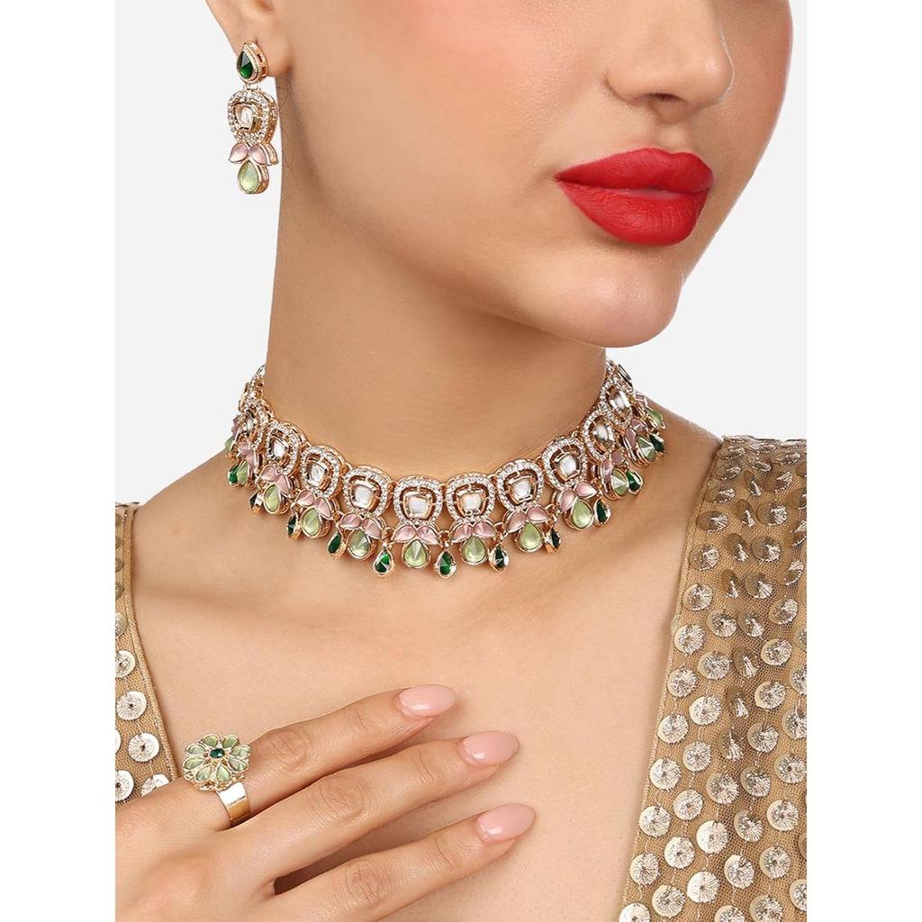 Green Pink Stones Austrian Diamonds Embellished Choker Necklace Earring & Ring Set For Women