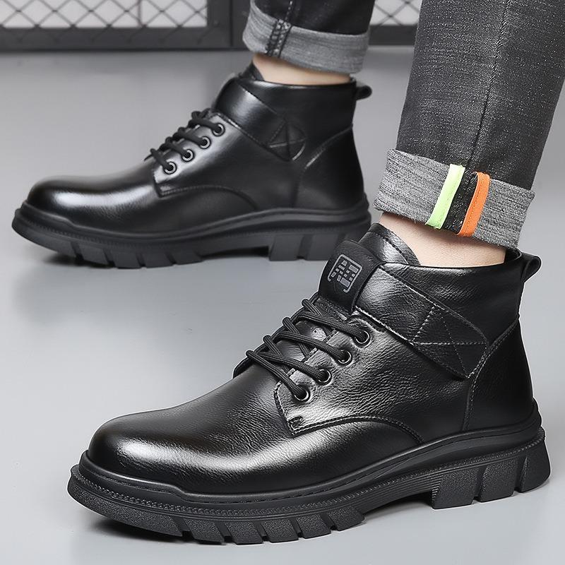 Martin Boots Men's New Winter Velvet Warm Leather Retro Tooling Short Boots Trendy Versatile High-top Leather Boots