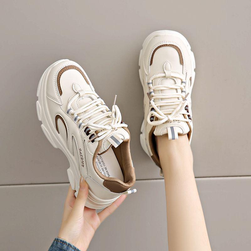 Women's Genuine Leather Dad Shoes - Stylish, Non-slip, Thick Sole Casual Sneakers for Autumn/Winter