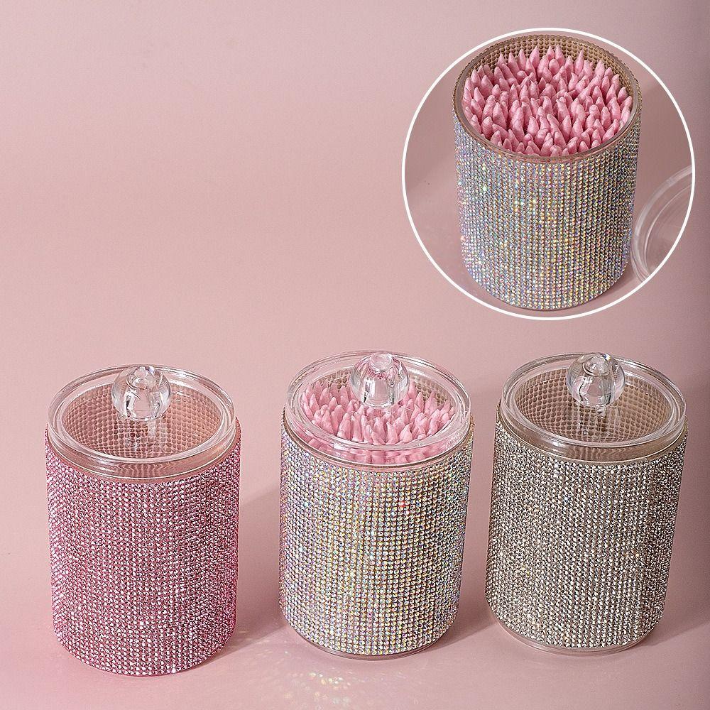 Luxury Diamond-Studded Cotton Swab Storage Box 3 Colors High-end Cotton Pad Storage Jar with Lids Toothpick Box Home Desktop