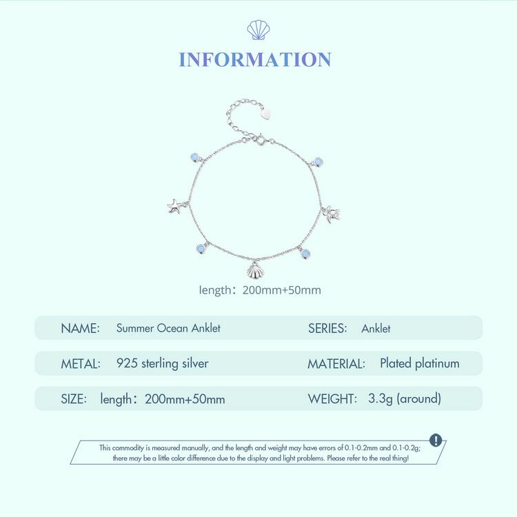 BAMOER 925 Sterling Silver Seastar and Shell Pendant Anklet Simple Chain Foot Jewelry for Women Platinum Plated Summer Jewelry