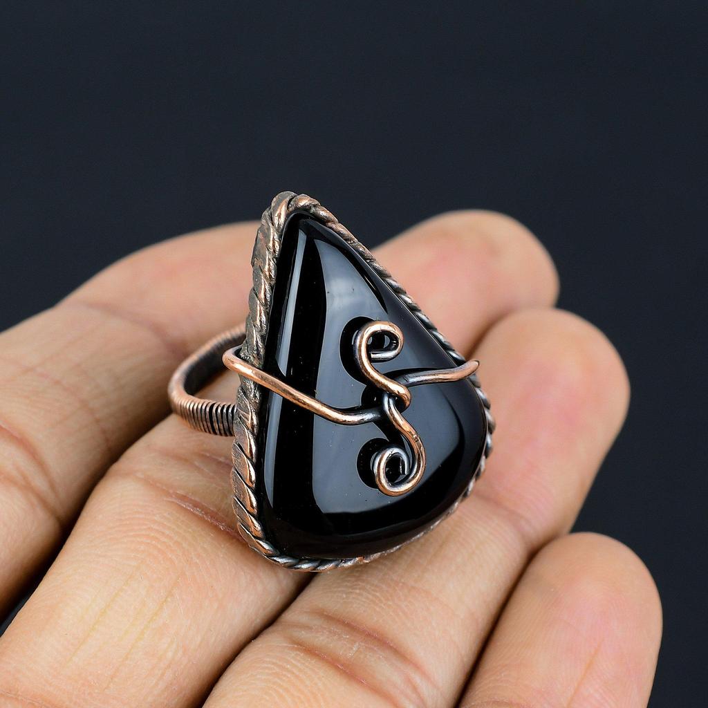 Black Onyx Gemstone Copper Wire Wrapped Handmade Jewelry Ring For Woman