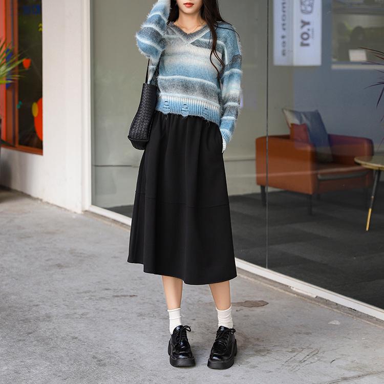 

Women s A-Line Patchwork Woolen Skirt with Double Pockets, Elastic High Waist, Mid-Length for Autumn/Winter Large чёрный