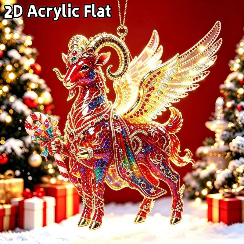 2D Flat Acrylic Christmas Hanging Pendant Red Gold Chinese Zodiac Goat Xmas Tree Ornament New Year Car Pendant