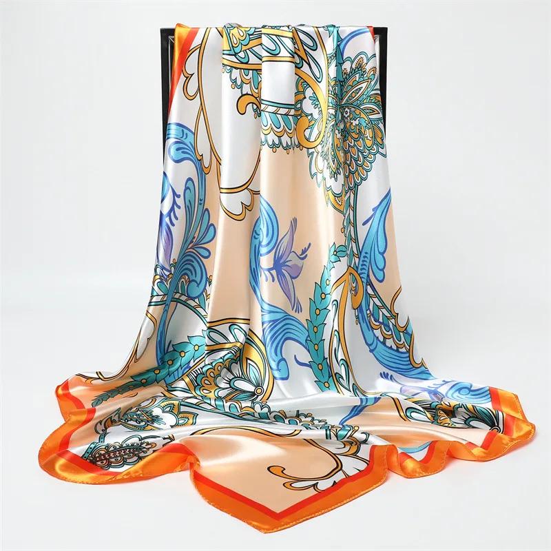 New Spring/Summer Orange Imitation Silk Neckerchief Outdoor Decoration Wraps for Women 90*90cm Cashew Print Square Scarf