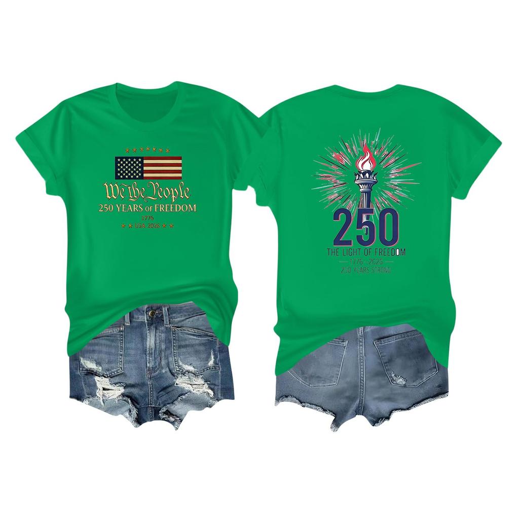 Women's Casual Independence Day 250 Anniversary Printed T-shirt Round Neck Pullover Short Sleeve Top
