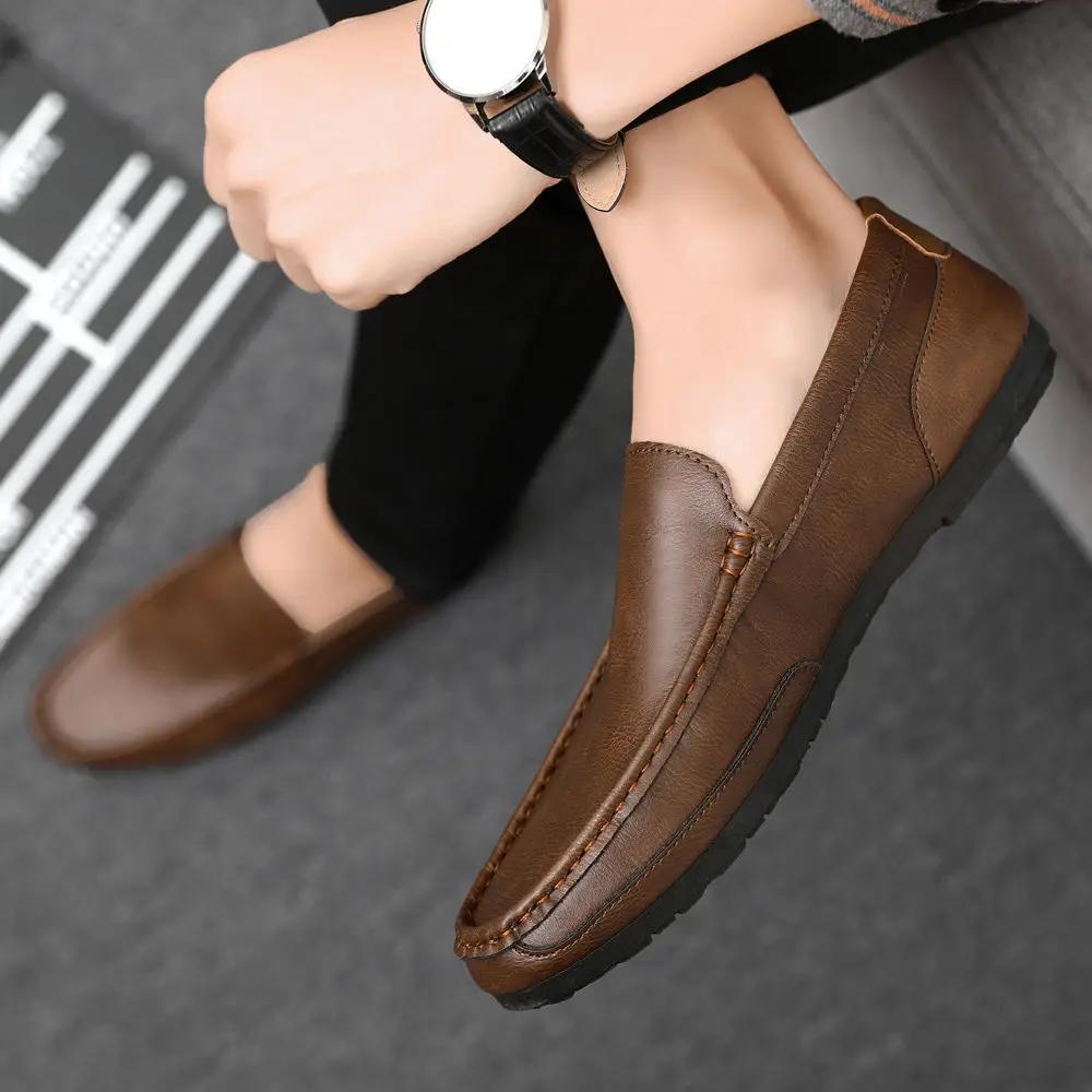 Fashion Brown Lightweight Man Casual Shoe Flat Plain Slip-on Common Adults Luxury Sale Social Low Price Legitimate Leather Shoes for Men