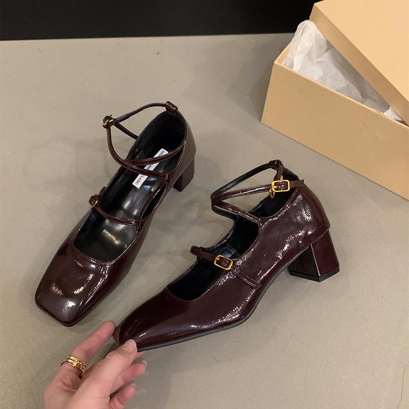 Designer Cross Strap Women Mary Jane Shoes Fashion Shallow Square Toe Shoes Concise Square Heels Shoes