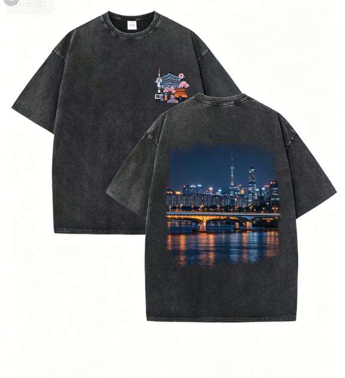 T-shirt Lavata Stampata con Paesaggi Bellissimi di Seoul da Donna Estiva Girocollo Abbigliamento Trendy Cotone Manica Corta Casual Nuove T-shirt