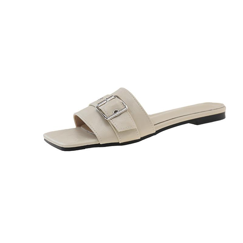Korean version of square head one-word drag rose red square buckle thin belt buckle square heel temperament low heel cool slippers women's summer out