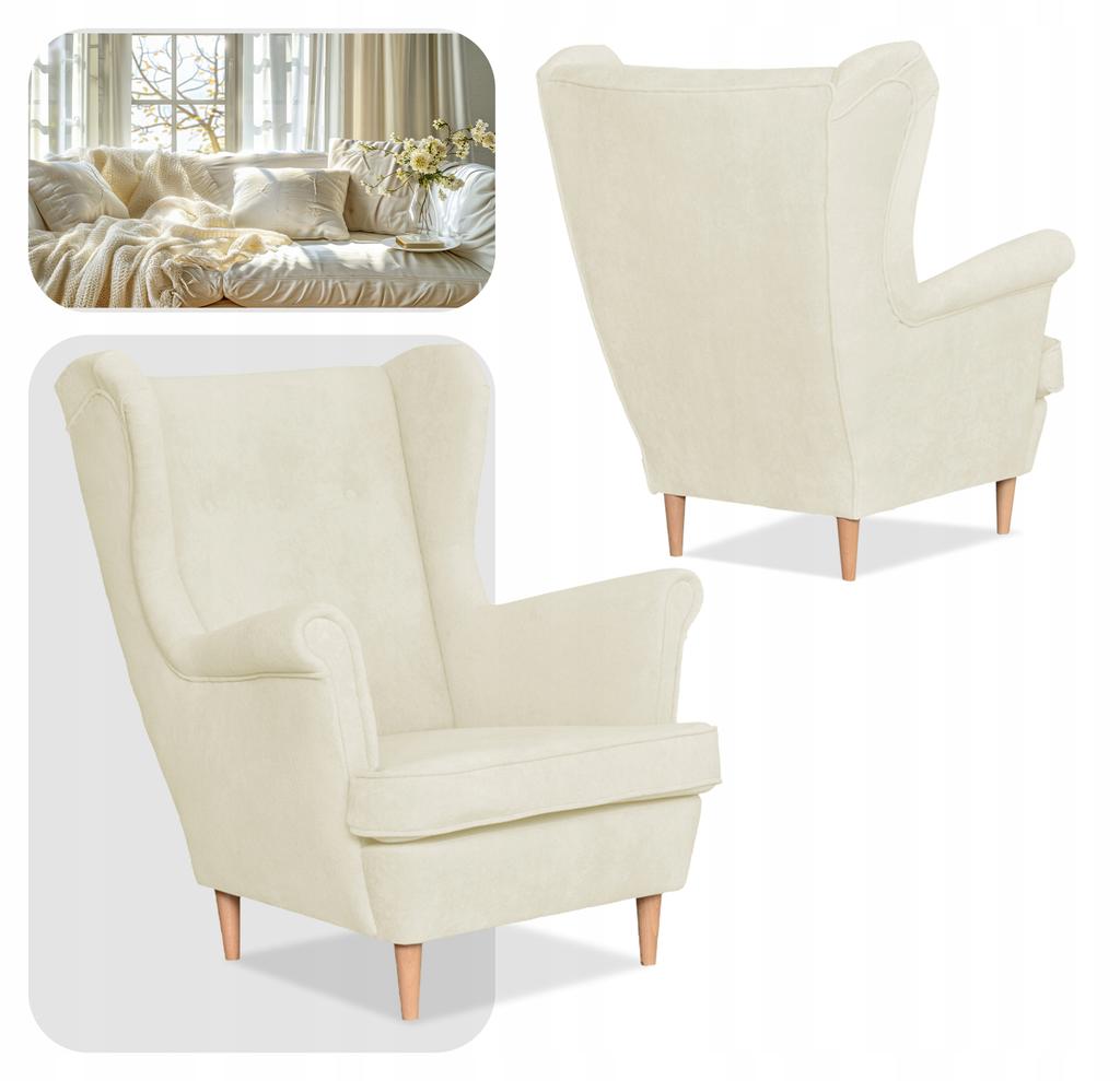 Fotel uszak skandynawski welur kremowy jasny Hunter Family Meble beżowy