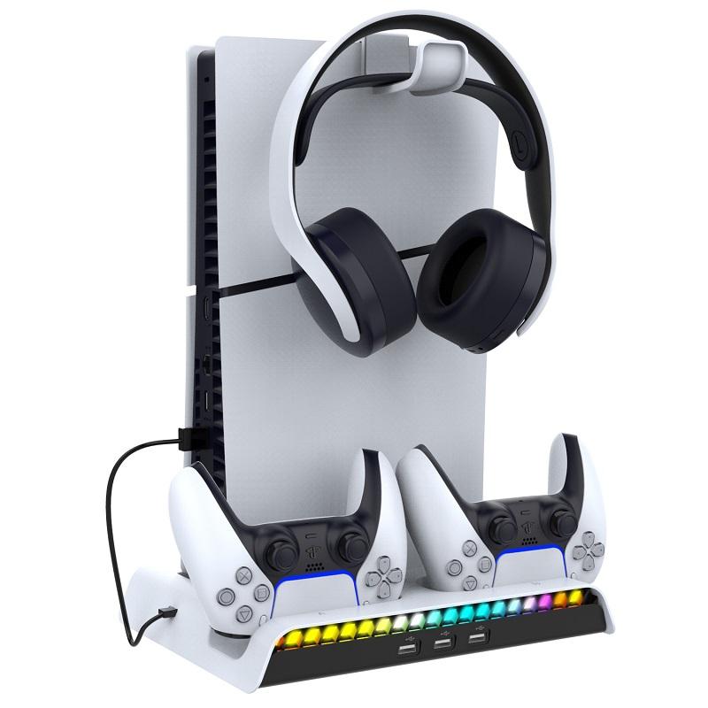 Charging Stand for NEW PS5 Slim Cooling Fan Station for DualSense/Edge Controller with RGB Light Headset Hook 3 USB Hubs
