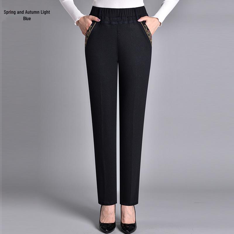 Women's High Waist Stretch Jeans with Elastic Waist and Slimming Fit - Casual Plus Velvet Pants for Middle-Aged and Elderly.