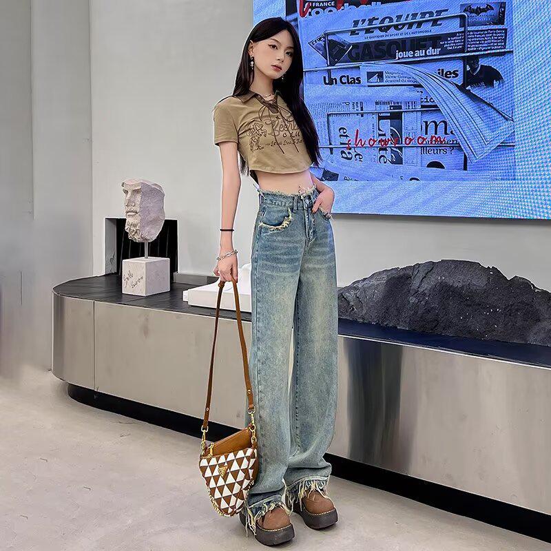 Women's High-Waisted Retro Wide-Leg Jeans, Floor-Length Frayed Straight-Leg, Spring/Autumn 2024.