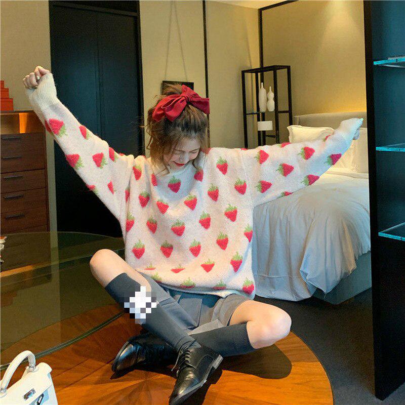 Autumn Winter Sweet Lolita Cute Pink Cartoon Fruit Pattern Knitted Casual Pullover Loose Sweater Long Style Top Outwears