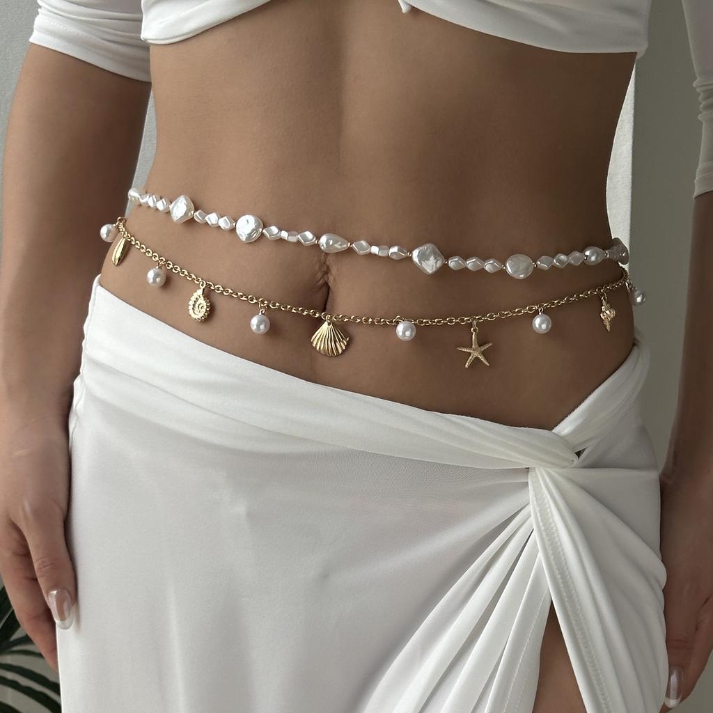 Resort Style Starfish Shell Seed Bead Waist Chain Set of 2 Gold Tone Layered Body Chain Adjustable Summer Beach Jewelry