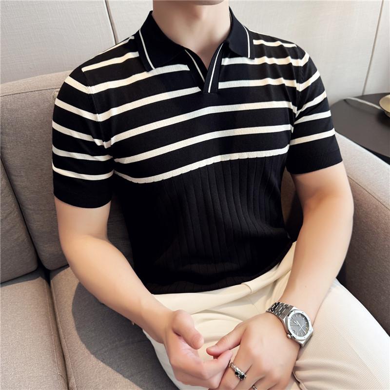 

Летние шелковые поло для мужчин, деловые, повседневные, с коротким рукавом, трикотажные рубашки поло, облегающие, тонкие, дышащие, топы, футболки 3XL чёрный