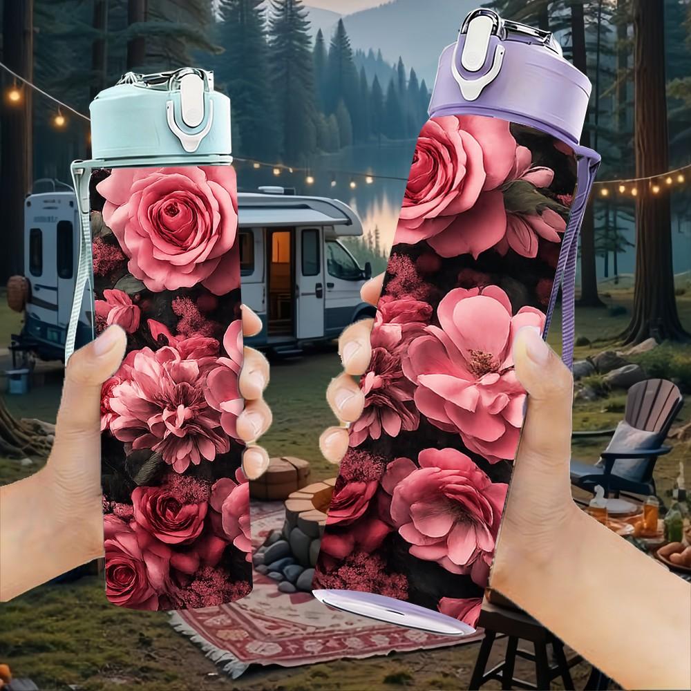 1PC Deep Red Rose Floral Cluster Print 750ml Color Plastic Sports Water Bottle Leakproof Flip Straw Lid Suitable for Sports Office Home Use
