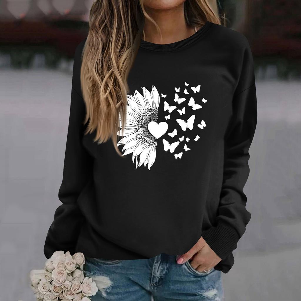 Damenmode Lässig Langarm Einfarbig Bedruckt Rundhals Oberteil Sweatshirt