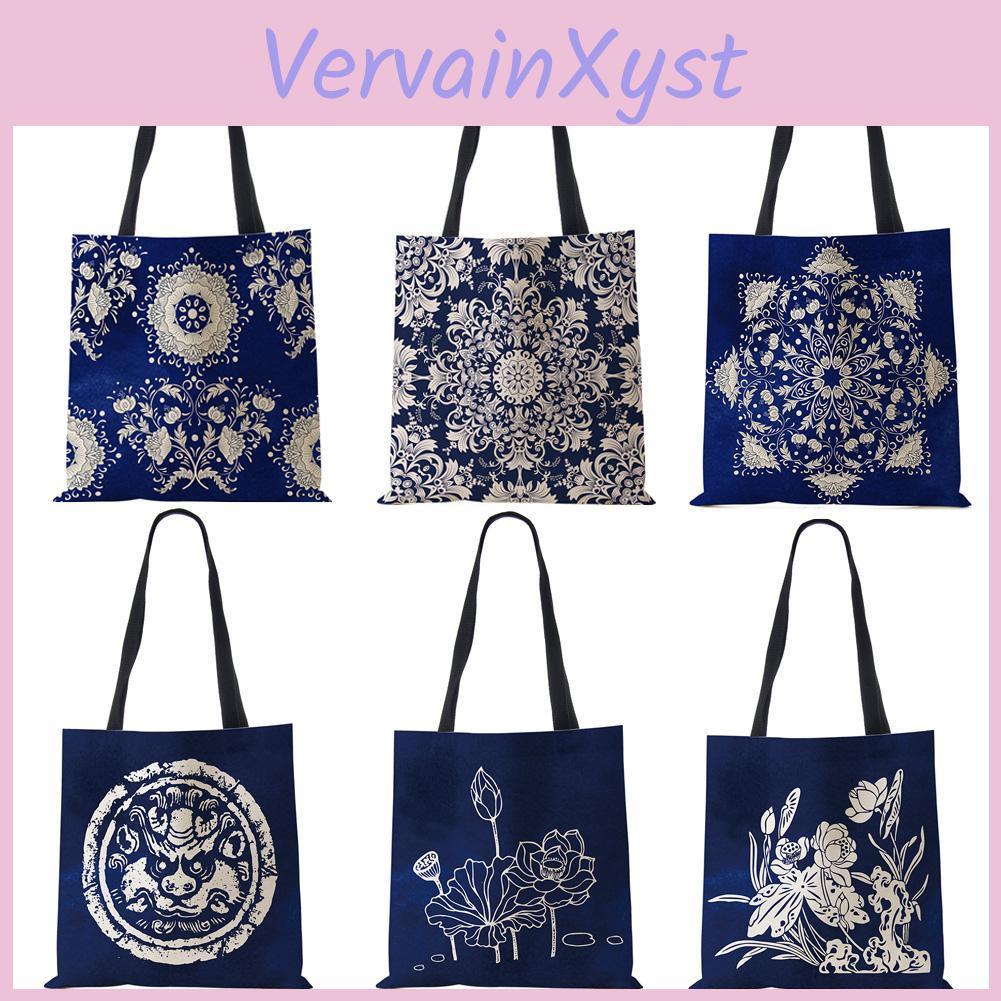 Casual Print Vintage Shoulder Bag Flowers Leaves Women Shopping Reusable Handbag Large Capacity Canvas Travel Beach Tote Bags