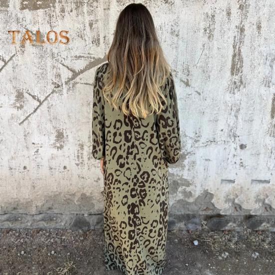 Women's Leopard Print Dress V-Neck Long Sleeve Maxi Dress Casual Loose Fit Spring Summer Dress for Office Daily Wear Vacation Party