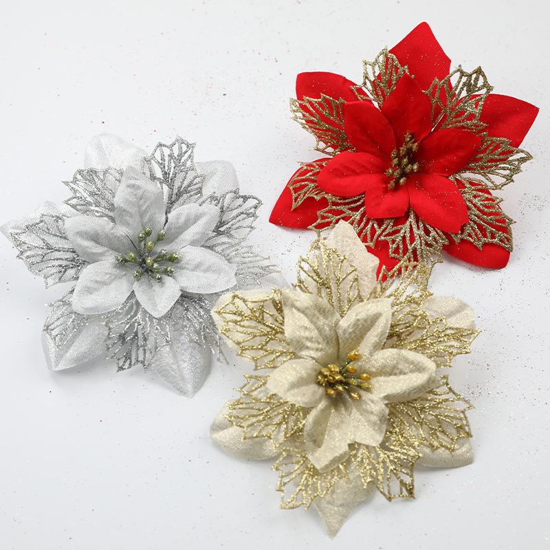 5-20pcs Christmas Artificial Flowers Glitter Xmas Tree Ornament Red Gold Poinsettia Flower Head Home New Year Party Decoration