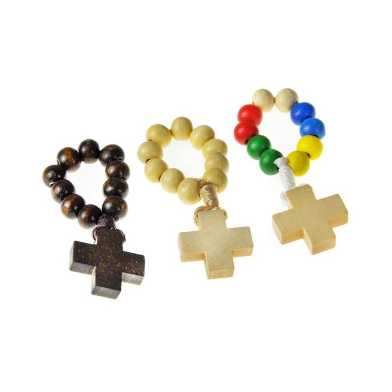 Colorful Beaded Finger Chain Adjustable Rosary Bead Finger Ring Bracelet with Colorful Crosses Charm for Christian Faith