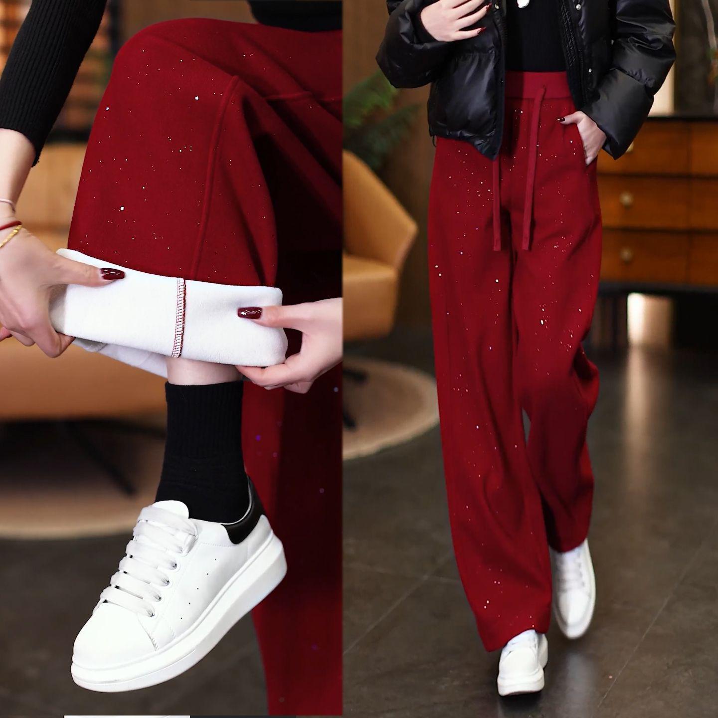 

Women s Sparkling Red Sequin Wide-Leg Pants: Fleece-Lined, Slimming, Fashionable, Casual, Loose-Fit. M (95-105 kg) красный