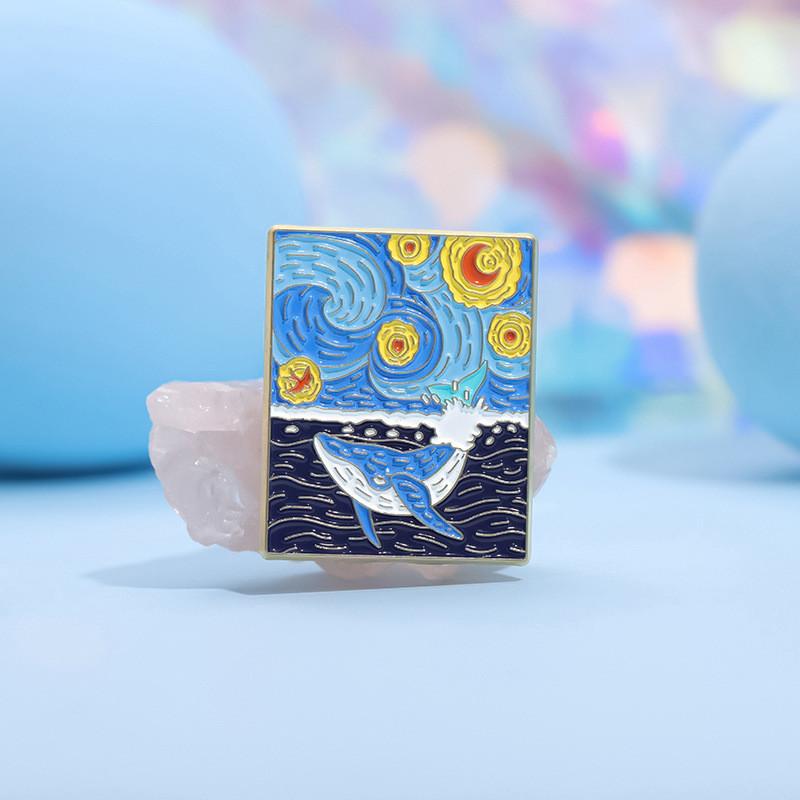 Enamel Charming Brooch With Van Gogh Inspired Whale And Boat Cartoon Character Style