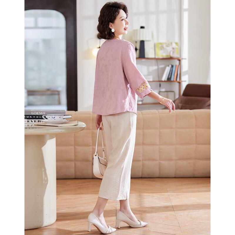 PAST Moms' Summer Breathable Cotton 3/4 Sleeve Top & Pants Set