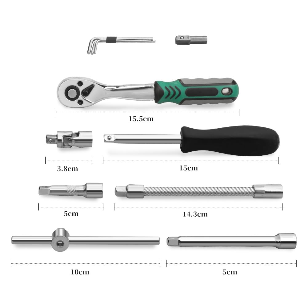 Socket Wrench Set with Hex Socket and Sleeve Ratchet Perfect for Car and Motorcycle Includes Storage Case 46-Piece Double-Sided 6.35mm (1/4") Drive,