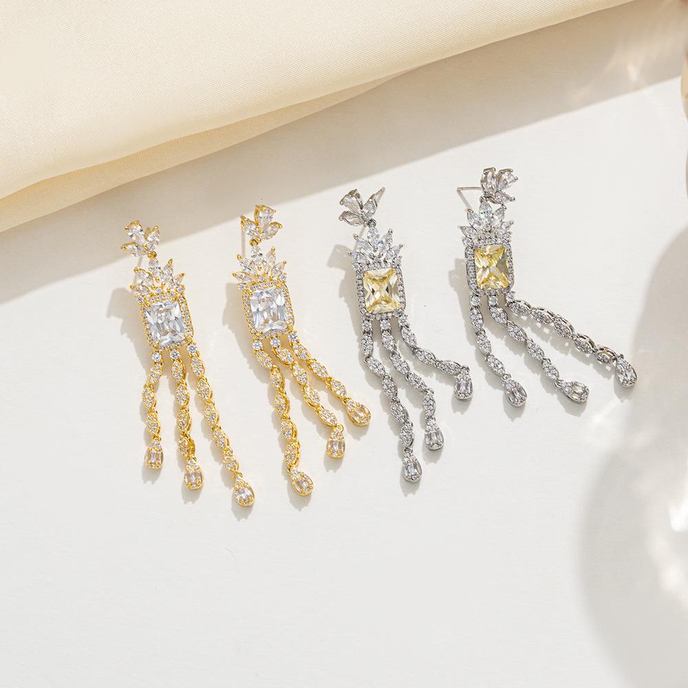 Elegant Zircon Tassel Silver Needle Earrings for Women's Banquet and Evening Dress