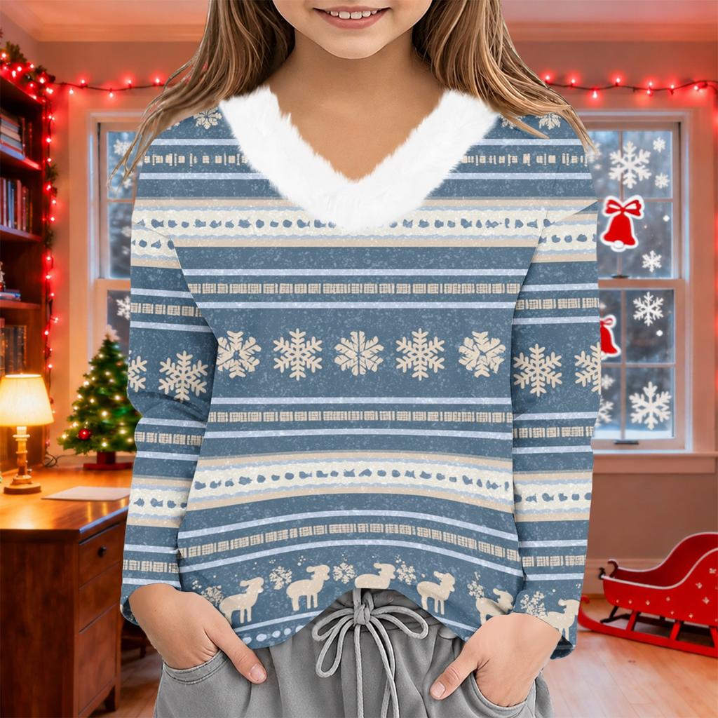 Girls' V-Neck Christmas Print Long Sleeve Thermal Shirt for Winter Base Layer