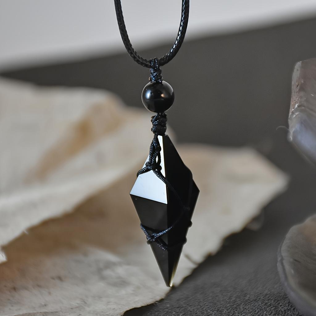 Natural Obsidian Necklace Handmade Bohemian Jewelry with Glossy Rhombus Faux Crystal Pendant Elegant and Minimalist Design for Women and Men
