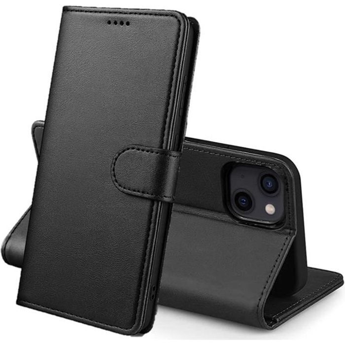 Coque Portefeuille - Phonillico® - iPhone 13 - Noir - Effet Cuir - Support Vidéo