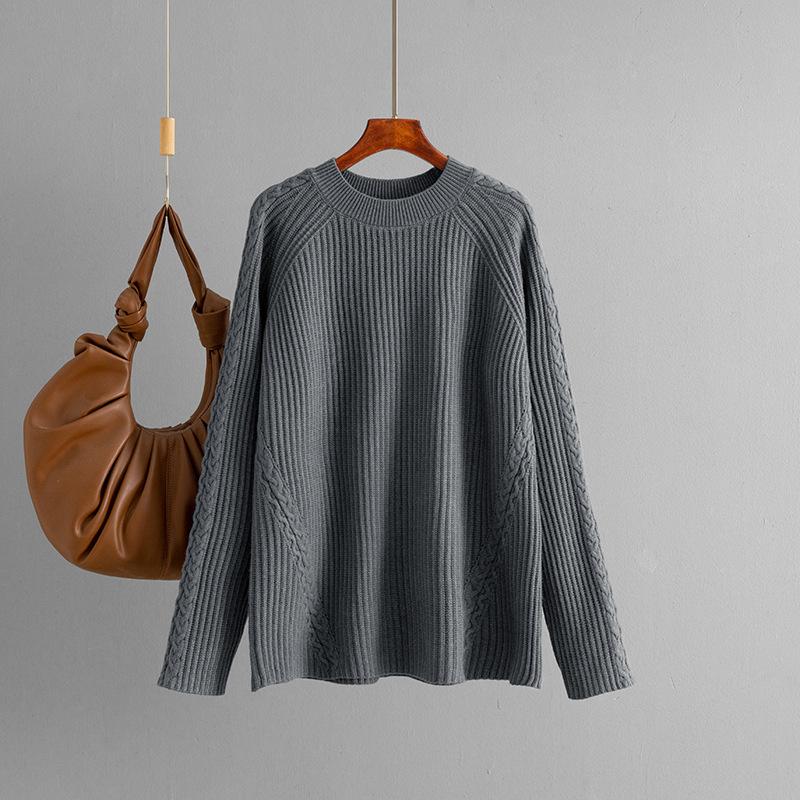 This Is A New Autumn and Winter Knitted Sweater for Women. It Features A Round Neck, Loose, Lace and Casual Solid Color Knitted Base Layer
