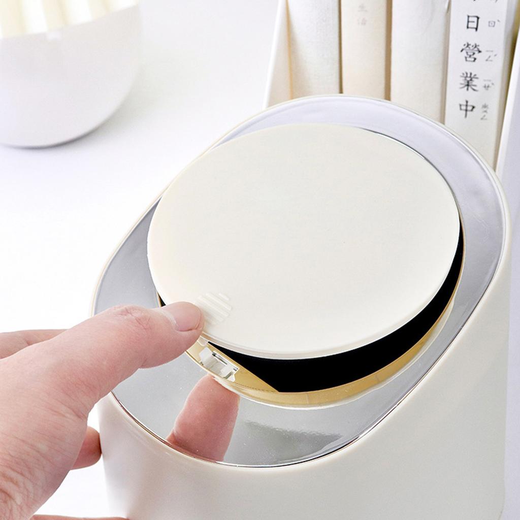 Desktop Trash Can Plastic Minimalist Design Mini Pressing Table Round Wastebasket for Office Beige