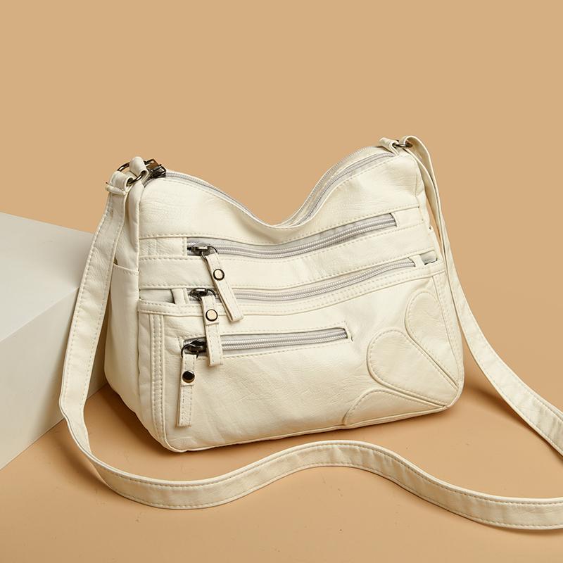 Borsa a tracolla multistrato in morbida pelle tinta unita da donna, grande capacità, borsa da viaggio multifunzionale sottobraccio