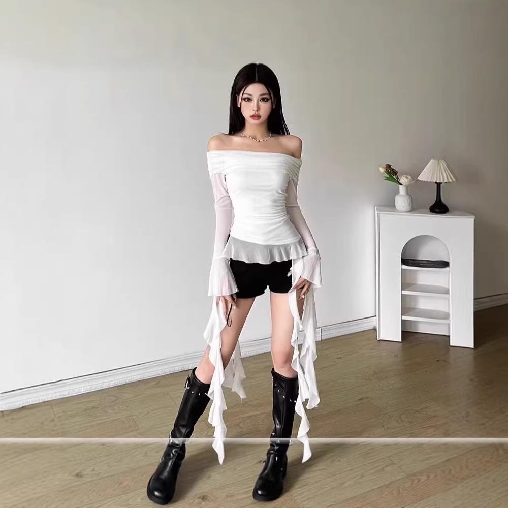 Factory Spot Pure Desire Sexy Style Design Sense One-word Collar Female Lotus Leaf Edge Tassel Slim and Thin Irregular Top