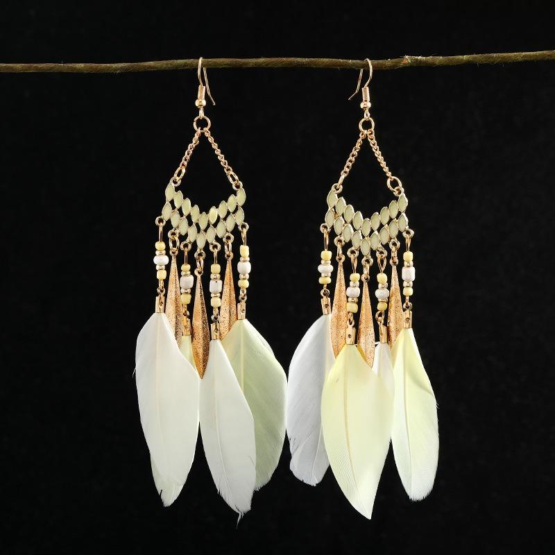 Retro Feather Fringed Earrings Women's Niche Personality Bohemian Blue Long Yunnan Travel Photography Earrings