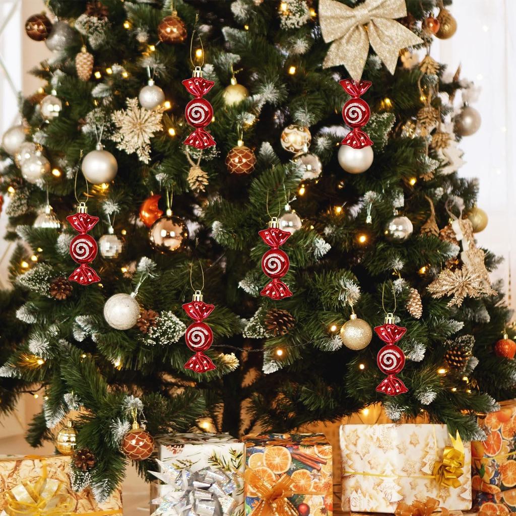 6Pcs Electroplating Plastic Candy Christmas Decoration Flat Candy Shape Xmas Hanging Ornament