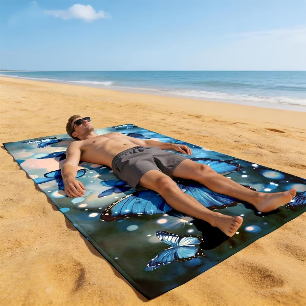 Magical Blue Butterfly 2D Flat Printed Microfiber Beach Towel Waterproof Sandproof Summer Pool Vacation Bath Blanket