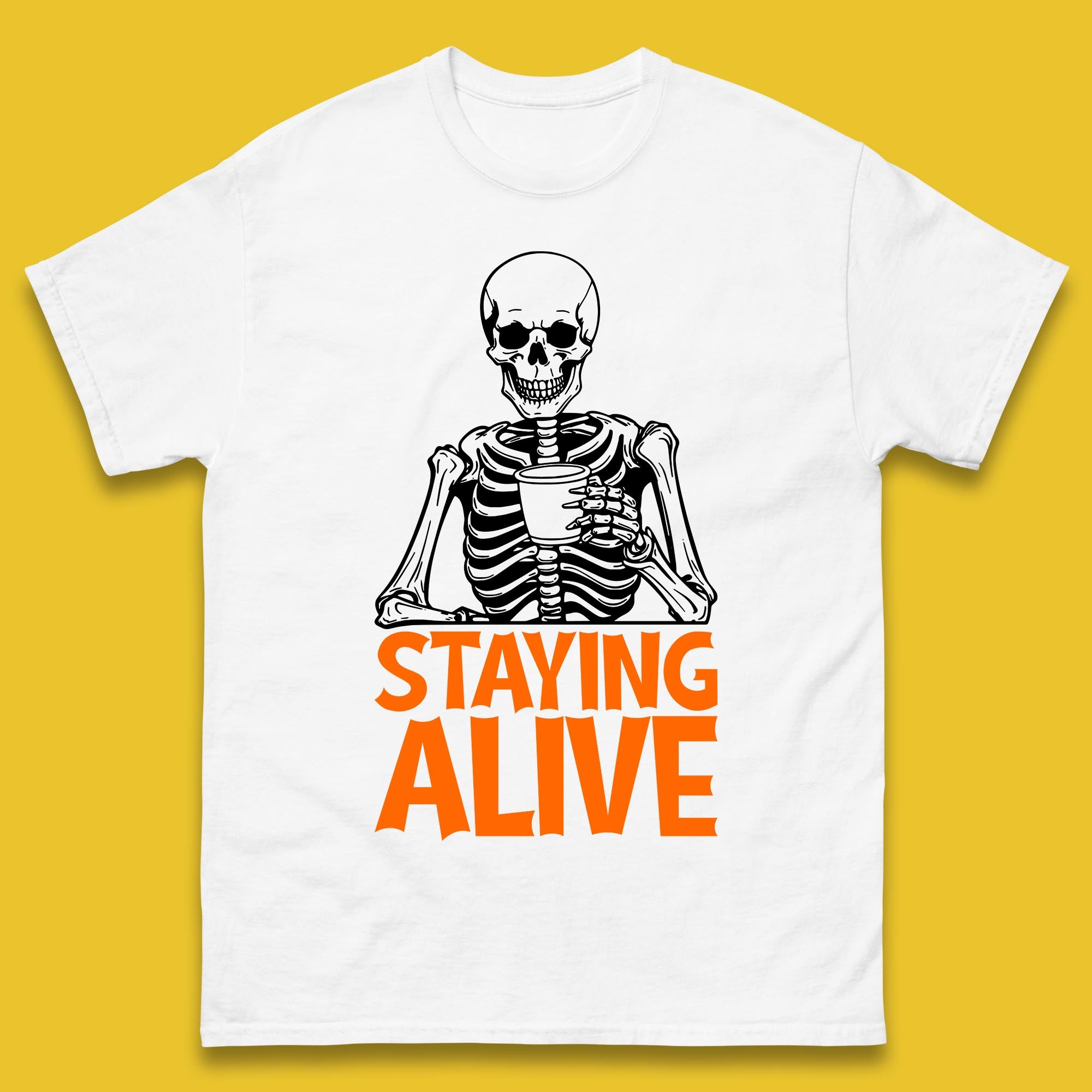 

Staying Alive Funny Skeleton Trendy Coffee Halloween Skull Vintage Coffee Lovers Mens Tee Top 4XL