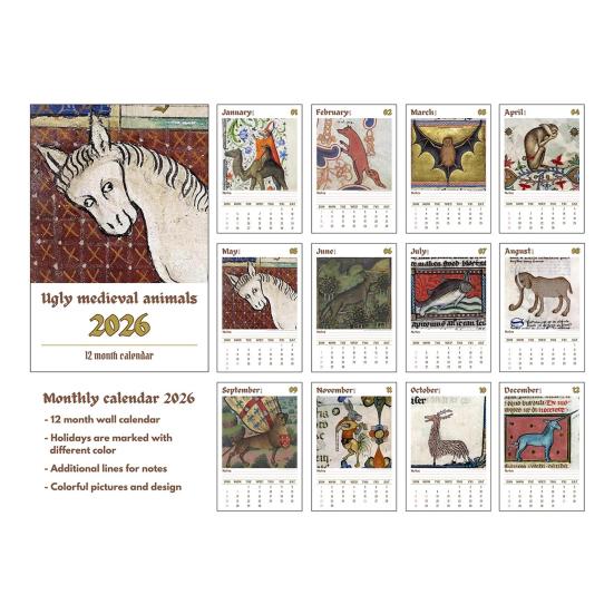2026 Ugly Medieval Animals Wall Calendar Standard Size Coil Bound Desk Calendar Thick Paper