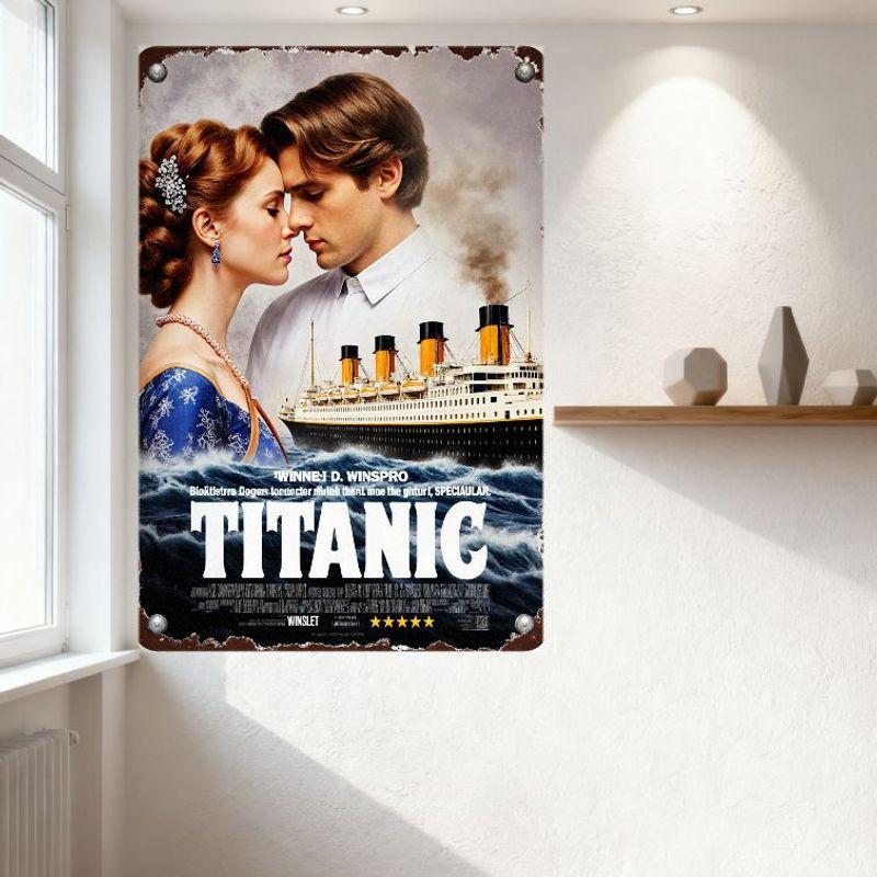 Vintage Titanic Movie Poster Metal Tin Sign Rustic 1910s Couple Ocean Liner Wall Decor for Bar Cafe Man Cave Home