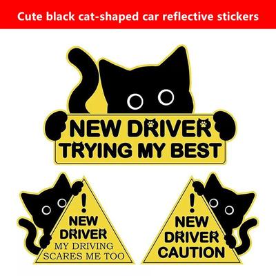 Cute Black Cat Reflective Sticker Novice Driver Warning Please Be Patient Auto Safe Driving Decal