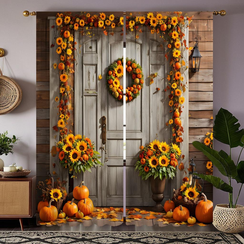 2pcs HD Harvest Festival Sunflower Garland Wooden Door Pumpkin Curtain Yellow Tie Digital Printed Curtain Home Decor Style De