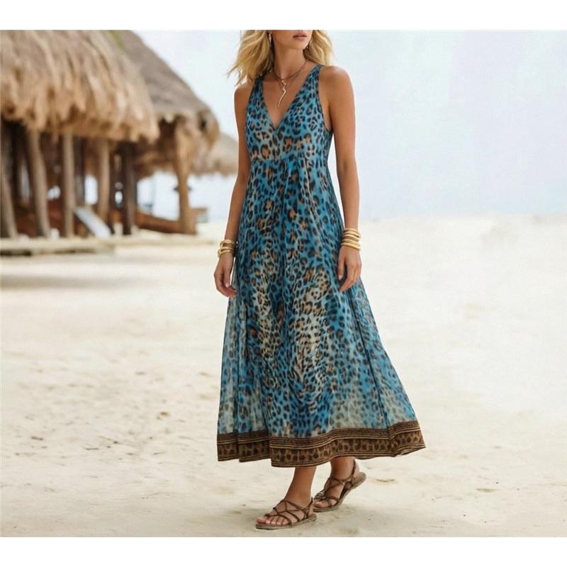 Summer Leopard Print Casual Sleeveless V-neck Dress For Women L