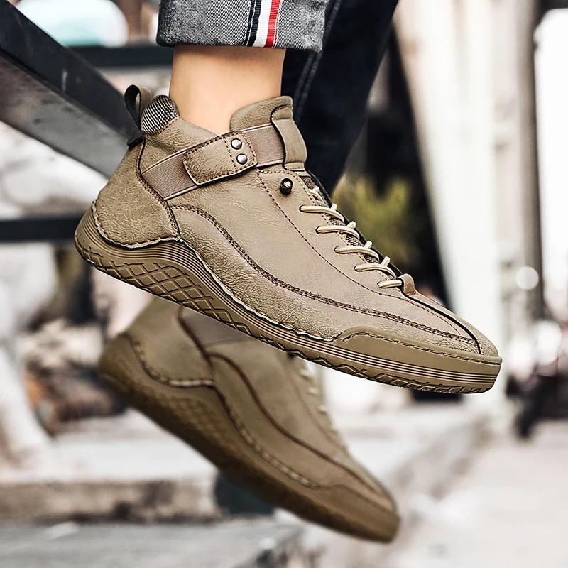 Winter Men Ankle Boots Waterproof Warm Snow Boots with Fur Breathable Leather Mens Winter Casual Shoes High Top Motorcycle Boots